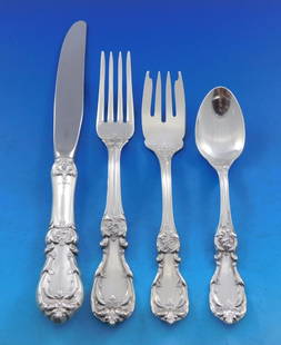 Reed & Barton Burgundy Sterling Silver Flatware Set for 12 54 pcs: Reed & Barton Burgundy Sterling Silver Flatware Set for 12 54 pcs Experience the exquisite craftsmanship of the Burgundy Sterling Silver Flatware Set by Reed & Barton, designed for a service of 12. Th