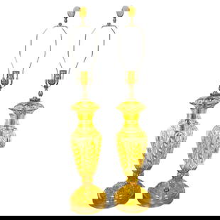 Pair of Moser-Style Citrine Cut Crystal & Brass Lamps Set of 2: Pair of Moser-Style Citrine Cut Crystal & Brass Lamps Set of 2 This exquisite pair of Bohemian-style lamps features vibrant citrine cut-to-clear crystal and detailed brass craftsmanship, showcasing th