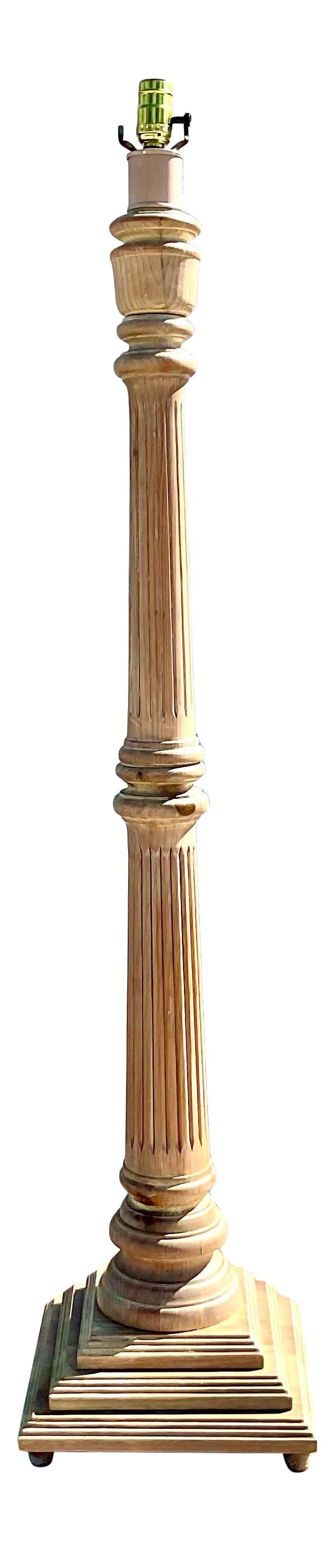 Vintage Hand Carved Limed Oak Floor Lamp: Vintage Hand Carved Limed Oak Floor Lamp Fantastic vintage hand carved Floor lamp. Chic column design in a limed oak finish. Acquired from a Palm Beach estate. The lamp stands at a height of 51.0 inch