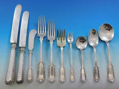 Gorham Chesterfield Sterling Silver Flatware Set for 8 117 pcs with B Monogram: Gorham Chesterfield Sterling Silver Flatware Set for 8 117 pcs with B Monogram This monumental Chesterfield flatware set by Gorham, crafted between 1900 and 1940, comprises 117 pieces, elegantly desig