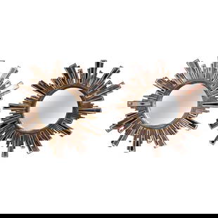 Set of 2 Midcentury French Sunburst Mirrors in Giltwood and Cut Glass: Set of 2 Midcentury French Sunburst Mirrors in Giltwood and Cut Glass Enhance your home decor with this elegant pair of Midcentury French Giltwood and Cut Glass Wall Sunburst Mirrors. Crafted in Franc