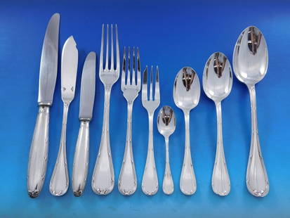 Christofle Rubans Silverplate Flatware Set 128 pcs France Dinner Service: Christofle Rubans Silverplate Flatware Set 128 pcs France Dinner Service Elevate your dining experience with this magnificent 128-piece Rubans by Christofle Silverplate Flatware Service Set, crafted i