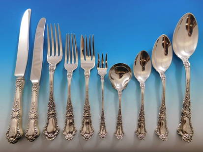 Gorham Baronial Old Sterling Silver Flatware Set 120pc Service for 12 Lion Motif: Gorham Baronial Old Sterling Silver Flatware Set 120pc Service for 12 Lion Motif Presenting the exquisite Baronial Old Sterling Silver Flatware Set by Gorham, an elegant service for 12. Crafted betwee