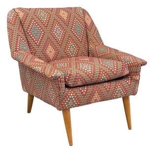 1960s Mid Century Modern Lounge Chair Red Maple with Geometric Pattern: 1960s Mid Century Modern Lounge Chair Red Maple with Geometric Pattern This 1960s Mid Century Modern lounge chair showcases a striking woven fabric adorned with a geometric diamond pattern in vibrant
