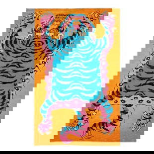 Handmade Turkish Art Deco Wool Rug Orange Tiger Motif 5'4 x 8'6: Handmade Turkish Art Deco Wool Rug Orange Tiger Motif 5'4 x 8'6 Enhance your space with this stunning handmade Turkish Art Deco wool rug featuring a vibrant orange field complemented by blue, pink, an