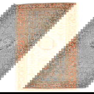 Persian Heriz Tribal Accent Rug Blue Apricot 4'5 x 6' Early 20th Century: Persian Heriz Tribal Accent Rug Blue Apricot 4'5 x 6' Early 20th Century This exquisite early 20th-century Persian Heriz accent rug features a captivating blend of blue and apricot hues, showcasing th
