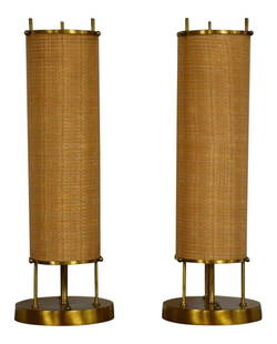 Mid-Century Modern Brass Table Lamps Pair 20.75" Tall: Mid-Century Modern Brass Table Lamps Pair 20.75" Tall This stunning pair of mid-century modern brass table lamps, dating back to the 1950s, features original shades and exudes a classic vintage charm.