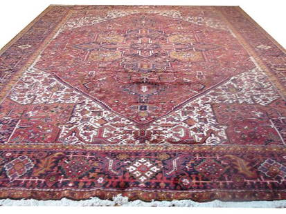 11.2 x 14.7 Hand-Knotted Red Persian Heriz Rug from Iran: 11.2 x 14.7 Hand-Knotted Red Persian Heriz Rug from Iran Discover the timeless beauty of this exquisite 11' x 15' Persian Heriz Rug, a stunning centerpiece that brings warmth and elegance to any room.