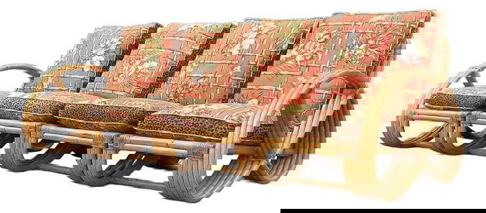 Vintage Coastal Rattan Sofa Inspired by Paul Frankl: Vintage Coastal Rattan Sofa Inspired by Paul Frankl Enhance your space with this vintage coastal bent rattan sofa, inspired by the iconic designs of Paul Frankl. Featuring elegantly curved rattan arms