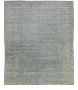 Modern Gabbeh Gray Hand-Loom Wool Rug 12'3 x 15' Minimalist Design: Modern Gabbeh Gray Hand-Loom Wool Rug 12'3 x 15' Minimalist Design Elevate your space with this stunning modern Gabbeh style hand-loom wool rug, featuring a soft gray field and elegant white accents i