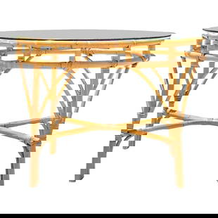 Vintage Coastal Bent Rattan Round Dining Table with Glass Top: Vintage Coastal Bent Rattan Round Dining Table with Glass Top A fabulous vintage Coastal dining table. Beautiful bent rattan in a chic and simple design. Glass top. Acquired from a Palm Beach estate.