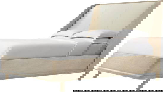 Theodore Alexander Gray Oak Upholstered Queen Bed: Theodore Alexander Gray Oak Upholstered Queen Bed Elevate your bedroom decor with the Theodore Alexander Gray Oak Queen Bed. This stunning piece features a sleek upholstered headboard and is crafted f