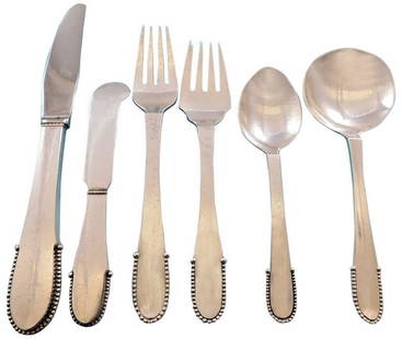 Georg Jensen Beaded Sterling Silver Flatware Set for 12 72 pcs: Georg Jensen Beaded Sterling Silver Flatware Set for 12 72 pcs Introducing a stunning Beaded flatware set by Georg Jensen, crafted in exquisite sterling silver. This complete service for 12 includes 7