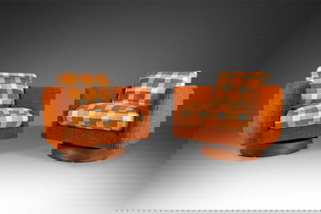Vintage Milo Baughman Swiveling Tub Chairs in Burnt Orange Tweed 1970s: Vintage Milo Baughman Swiveling Tub Chairs in Burnt Orange Tweed 1970s This set of two Mid Century Modern swiveling tub barrel chairs, attributed to Milo Baughman and crafted in the USA during the 197
