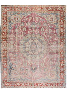 Antique Persian Tabriz Wool Rug Red Blue Floral Medallion 11'3 x 14'3: Antique Persian Tabriz Wool Rug Red Blue Floral Medallion 11'3 x 14'3 This exquisite antique Persian Tabriz rug showcases a stunning hand-knotted wool construction, featuring a vibrant red and blue fi