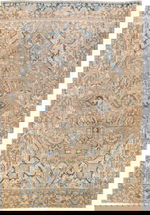 Antique Heriz Handmade Wool Rug 9'3 x 13'6 Tan Blue Medallion: Antique Heriz Handmade Wool Rug 9'3 x 13'6 Tan Blue Medallion Beautiful antique Heriz hand-knotted wool rug with a tan field. This Persian rug has a blue and ivory accent in a gorgeous all-over layout
