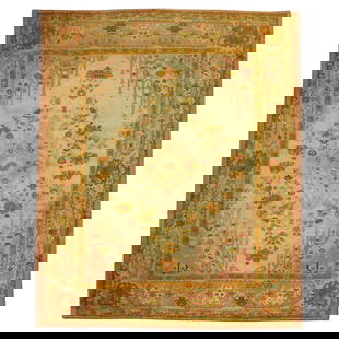 Zabihi Antique Turkish Oushak Wool Rug 10'3 x 13'4 Ivory Pink Orange: Zabihi Antique Turkish Oushak Wool Rug 10'3 x 13'4 Ivory Pink Orange Experience the elegance of the Zabihi Collection with this Antique Turkish Oushak rug, crafted in the early 20th century. This stun
