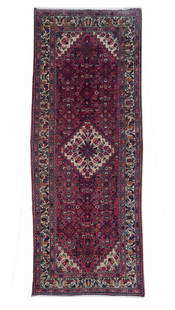 3.9 x 10 Wine Red Handcrafted Semi-Antique Persian Hamadan Runner: 3.9 x 10 Wine Red Handcrafted Semi-Antique Persian Hamadan Runner Transform your living space with this stunning 3' 9" x 10' Wine Red Semi-Antique Persian Hamadan Runner. Handcrafted by skilled Persia
