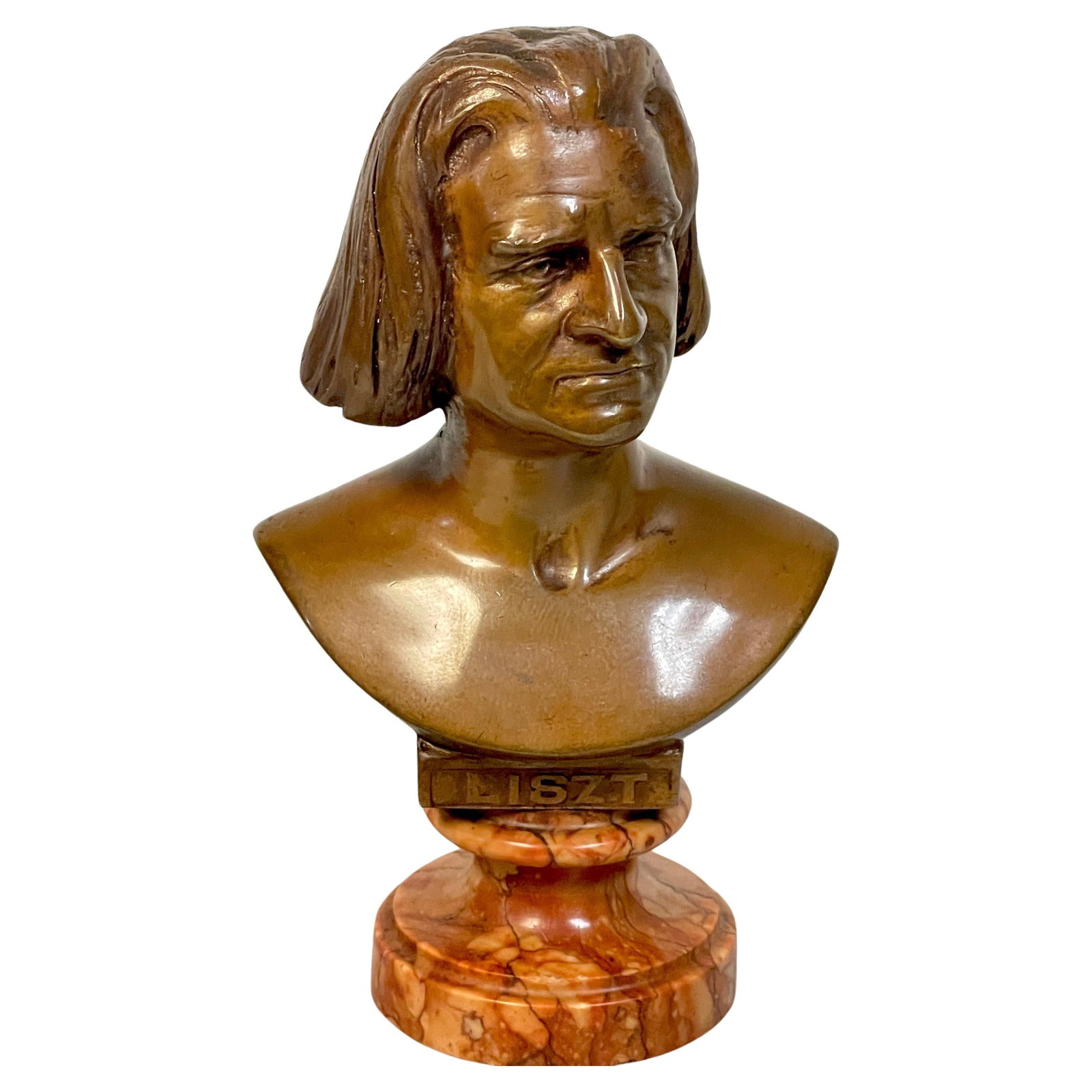 19th Century Bronze Marble Bust of Composer Franz Liszt: 19th Century Bronze Marble Bust of Composer Franz Liszt This exquisite 19th Century diminutive bronze and marble portrait bust features the renowned composer Franz Liszt, crafted during the late 1880s