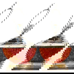 1980s French Silver-Plated Bronze and Orange Lucite Table Lamps Set of 2: 1980s French Silver-Plated Bronze and Orange Lucite Table Lamps Set of 2 This exquisite pair of French table lamps from the 1980s features a striking combination of silver-plated bronze and vibrant or