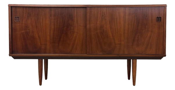 Mid-Century Modern Refinished Walnut Sideboard Credenza 59": Mid-Century Modern Refinished Walnut Sideboard Credenza 59" This exquisite mid-century modern sideboard credenza features a beautifully refinished walnut exterior, showcasing a warm brown hue. Its des