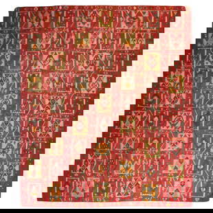Vintage Balkan Turkish Kilim 8'10 x 10'11 Cherry Red Wool Hand-Knotted: Vintage Balkan Turkish Kilim 8'10 x 10'11 Cherry Red Wool Hand-Knotted This vintage Cherry Red Turkish Kilim showcases a vibrant and colorful repetitive square design set against a rich cherry red bac