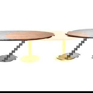 Mid Century Modern Walnut Table with Brass Pedestal 96 x 48 x 29.75: Mid Century Modern Walnut Table with Brass Pedestal 96 x 48 x 29.75 This exquisite mid-century modern dining or conference table features a beautiful walnut top complemented by sturdy brass pedestal b