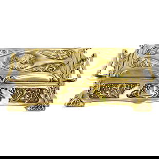 WMF Gilt Art Nouveau Double Inkwell Casket with Portrait: WMF Gilt Art Nouveau Double Inkwell Casket with Portrait This exquisite Gilt Art Nouveau Portrait Casket Double Inkwell, attributed to WMF (Wurttembergische Metallwarenfabrik), is a remarkable example