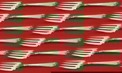 Watson George II Rex Sterling Silver Salad Fork Set 12 pcs 6 5/8": Watson George II Rex Sterling Silver Salad Fork Set 12 pcs 6 5/8" This exquisite 12-piece set of salad forks showcases the intricate George II Rex hand-chased pattern by Watson. Each fork measures 6 5