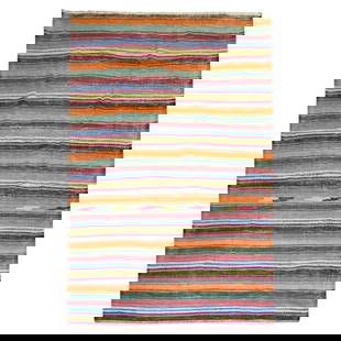 Mid-20th Century Striped Turkish Kilim Wool Hand-Woven 66 x 98 Inch: Mid-20th Century Striped Turkish Kilim Wool Hand-Woven 66 x 98 Inch This exquisite mid-20th century striped Turkish kilim showcases a unique archaistic style, perfect for enhancing any living space. H