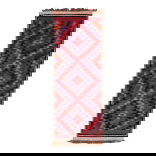 Burgundy Handmade Kilim Wool Runner 4'7" x 12'3" Tribal Design: Burgundy Handmade Kilim Wool Runner 4'7" x 12'3" Tribal Design Beautiful kilim handmade wool runner with a burgundy red field. This Vintage flatweave rug has orange, pink, and blue accents feature a g