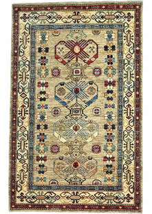 Handmade Kazak Wool Rug 4'0 X 6'1 Tribal Geometric Design: Handmade Kazak Wool Rug 4'0 X 6'1 Tribal Geometric Design Elevate your home decor with this stunning Handmade Kazak Oriental Rug, featuring a rich tribal geometric design that adds warmth and characte