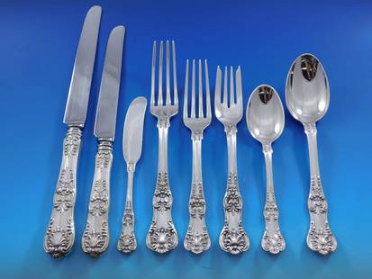 Tiffany & Co English King Sterling Silver Flatware Set 69 pcs: Tiffany & Co English King Sterling Silver Flatware Set 69 pcs This exquisite 69-piece flatware set, the English King pattern by Tiffany & Co., is a stunning example of sterling silver craftsmanship. D