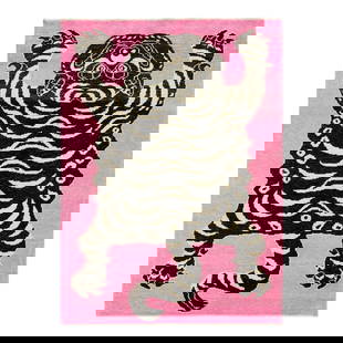 Handmade Pink Turkish Wool Rug with Tiger Design 4'10 x 6'7: Handmade Pink Turkish Wool Rug with Tiger Design 4'10 x 6'7 Enhance your space with this exquisite handmade Turkish wool rug featuring a striking tiger motif set against a vibrant pink backdrop, compl