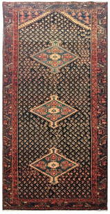 Handmade 3'3 x 12'2 Dark Blue Persian Hamadan Rug: Handmade 3'3 x 12'2 Dark Blue Persian Hamadan Rug Elevate your living space with this exquisite handcrafted Dark Blue Persian Hamadan Rug, measuring 3' 3" x 12' 2". This stunning piece, woven by skill