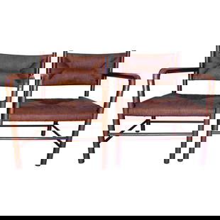 Emanuele Rambaldi 1940s Modernist Brown Lacquered Armchairs Set of 2 Italy: Emanuele Rambaldi 1940s Modernist Brown Lacquered Armchairs Set of 2 Italy This captivating pair of Emanuele Rambaldi modernist brown lacquered armchairs, crafted in Italy during the 1940s, showcases