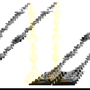 Monumental Ace of Diamonds Brass Candlestick Lamps Set of 2: Monumental Ace of Diamonds Brass Candlestick Lamps Set of 2 This stunning pair of monumental 'Ace of Diamonds' brass candlestick lamps offers a striking presence in any setting. Each lamp features a d