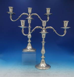 Gadroon Sterling Silver Candelabra Pair 3-Light Reproduction 14 5/8" Tall: Gadroon Sterling Silver Candelabra Pair 3-Light Reproduction 14 5/8" Tall This exquisite pair of Gadroon style candelabras, crafted from sterling silver, exemplifies classic elegance. Each three-light