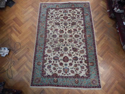 6.5 x 9.9 Ivory Handwoven Semi-Antique Persian Tabriz Area Rug: 6.5 x 9.9 Ivory Handwoven Semi-Antique Persian Tabriz Area Rug Enhance your living space with this exquisite 6.5 x 9.9 Ivory Semi-Antique Persian Tabriz Rug, a stunning example of traditional craftsma