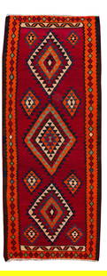 Hand-Woven Vintage Kilim Rug 5'2" x 12'7" Red Wool Geometric Design: Hand-Woven Vintage Kilim Rug 5'2" x 12'7" Red Wool Geometric Design This stunning hand-woven vintage kilim rug showcases a striking red field framed in orange, adorned with vibrant multi-color accents