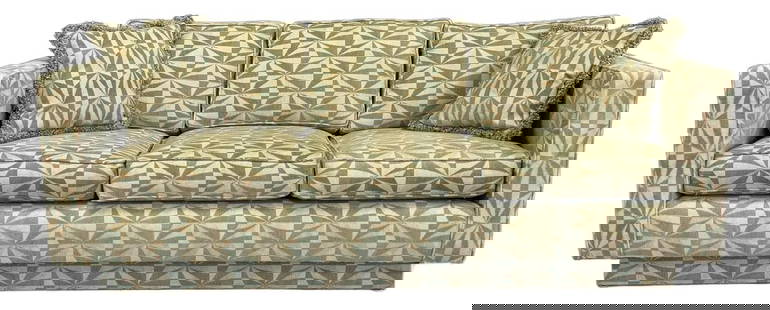 1970s Green Blue Beige Geometric Modern Sofa with Pillows: 1970s Green Blue Beige Geometric Modern Sofa with Pillows A green blue and beige modern sofa sitting on a plinth base with two throw pillows. Excellent condition. Recently reupholstered. Specification