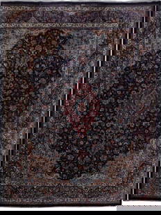 Exquisite 9'10 x 13'4 Navy Blue Hand-knotted Persian Kashmar Rug: Exquisite 9'10 x 13'4 Navy Blue Hand-knotted Persian Kashmar Rug Transform your living space with this exquisite 9' 10" x 13' 4" Navy Blue Hand-knotted Persian Design Signed Kashmar Rug. Handcrafted b