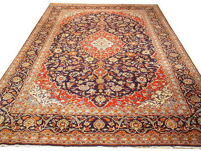 9.6 x 14 Handwoven Persian Kashan Rug in Dark Blue: 9.6 x 14 Handwoven Persian Kashan Rug in Dark Blue Introduce timeless elegance to your living space with this distinguished 9.6 x 14 Semi Antique Persian Kashan Rug in Dark Blue. Handcrafted by skille