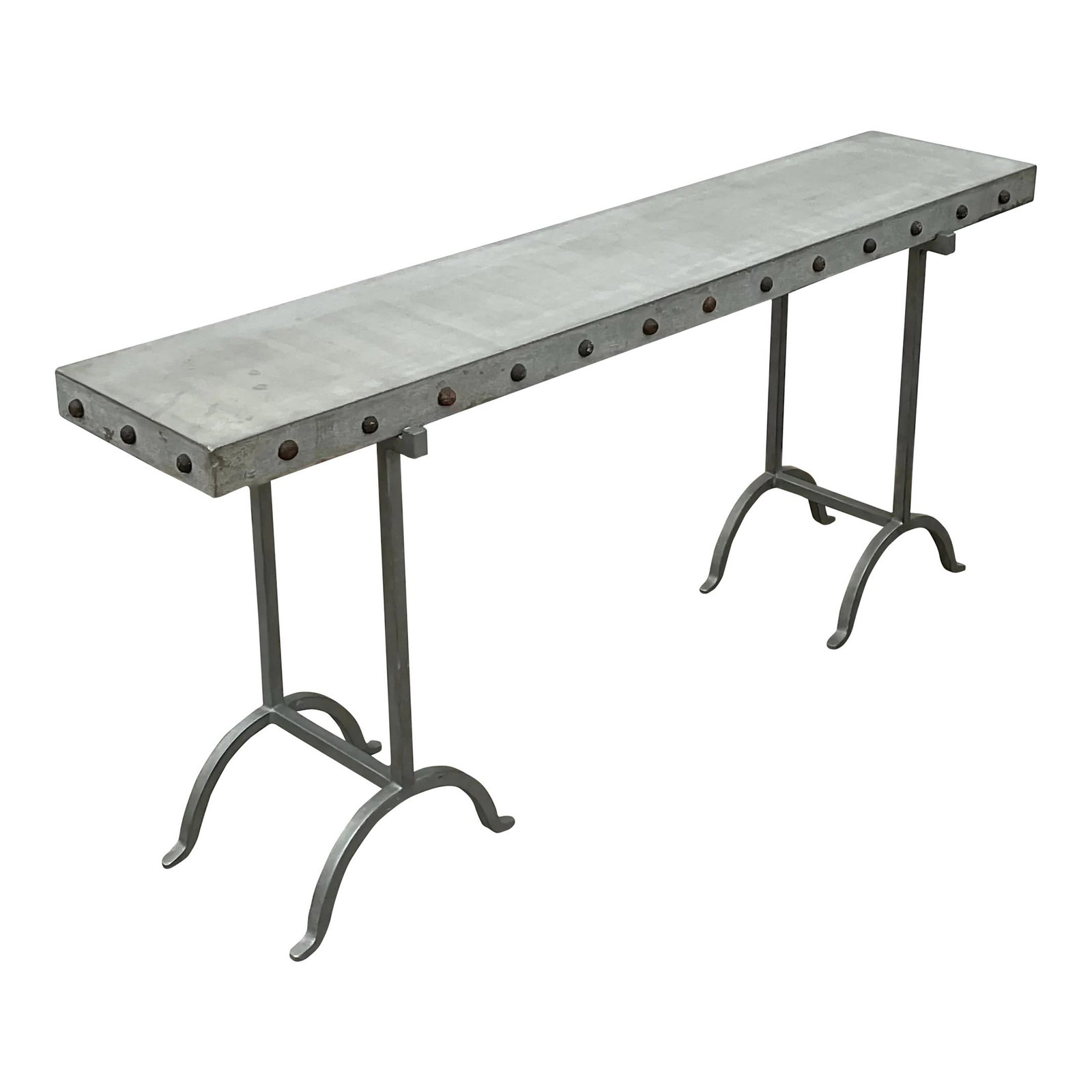 Vintage Boho Console Table with Nailhead Detail in Gray: Vintage Boho Console Table with Nailhead Detail in Gray This Vintage Boho Nailhead Plaster Console Table makes a bold statement in any setting. It features a striking plaster finish with intricate nai