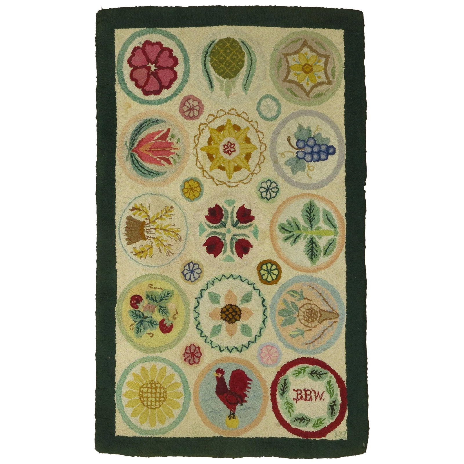 Vintage American Hooked Wool Rug Folk Art 24x38: Vintage American Hooked Wool Rug Folk Art 24x38 This vintage American pictorial hooked mat rug features a charming folk art design with an array of fruits displayed on circular medallions, including a