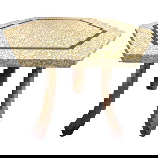Harvey Probber Mid-Century Terrazzo Bronze Inlay Hexagonal Side Table: Harvey Probber Mid-Century Terrazzo Bronze Inlay Hexagonal Side Table Introducing a stunning collection of Harvey Probber Terrazzo & Bronze Inlay Hexagonal Side Tables, designed in the 1950s. These Mi
