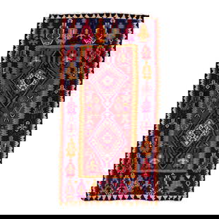 Vintage Turkish Kilim Red Wool Rug 5'1 x 9'5 Geometric Tribal Design: Vintage Turkish Kilim Red Wool Rug 5'1 x 9'5 Geometric Tribal Design Elevate your space with this stunning vintage Turkish Kilim rug, expertly hand-knotted from wool. The vibrant red field is beautifu
