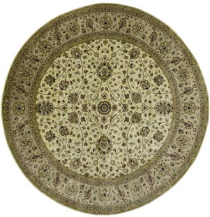 Handmade Round Oriental Rug 7'11 Floral Design Wool Beige 8 ft: Handmade Round Oriental Rug 7'11 Floral Design Wool Beige 8 ft Enhance your living space with this exquisite Handmade Round Oriental Rug, featuring a classic floral design in a harmonious blend of cre
