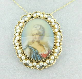 Vintage 14k Yellow Gold Pendant with Hand-Painted Portrait and Pearls: Vintage 14k Yellow Gold Pendant with Hand-Painted Portrait and Pearls This exquisite 14k yellow gold pendant features a stunning oval hand-painted portrait, surrounded by beautiful pearls. The portrai