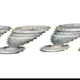 Pair of Neoclassical Carved Carrara Marble Urns Italy 20th Century: Pair of Neoclassical Carved Carrara Marble Urns Italy 20th Century Introducing a stunning pair of Italian carved marble Neoclassical urns, beautifully crafted from Carrara marble. Each urn showcases a